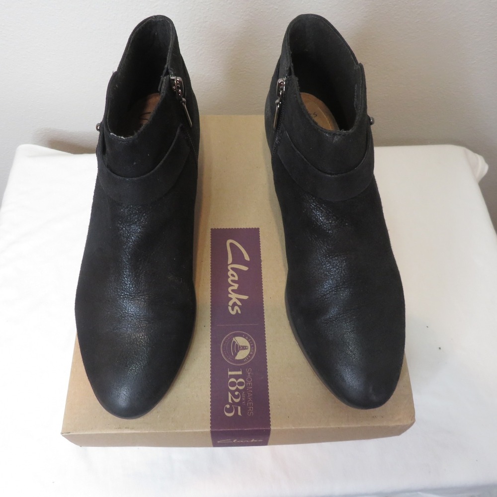 Clarks Boylan Dawn Black Leather Ankle Boots Stacked Block Heel 8M 261133304055